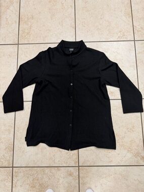 Women’s Eileen Fisher Black 100% Wool Button Up Light Jacket High Collar Sz Med